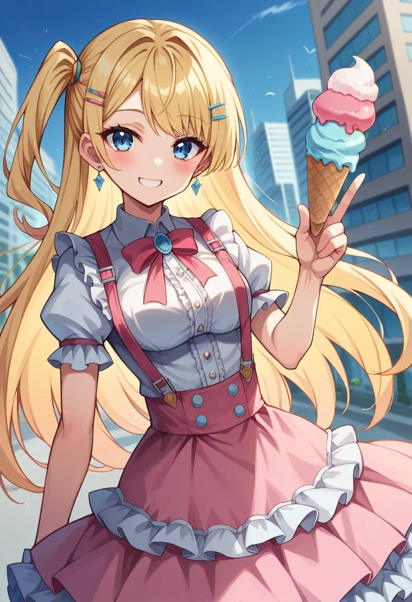 (masterpiece, best quality, very aesthetic, ultra detailed), intricate details, 1girl, ShirakawaRuna, blonde hair, multicolored hair, bangs, one side up, long hair, blue eyes, hairclip, jewelry, earrings, medium breasts, frills, puffy sleeves, puffy short sleeves, suspenders, frilled skirt, pink skirt, smile, blush, v, looking at viewer, dynamic pose, cityscape, building, holding, ice cream