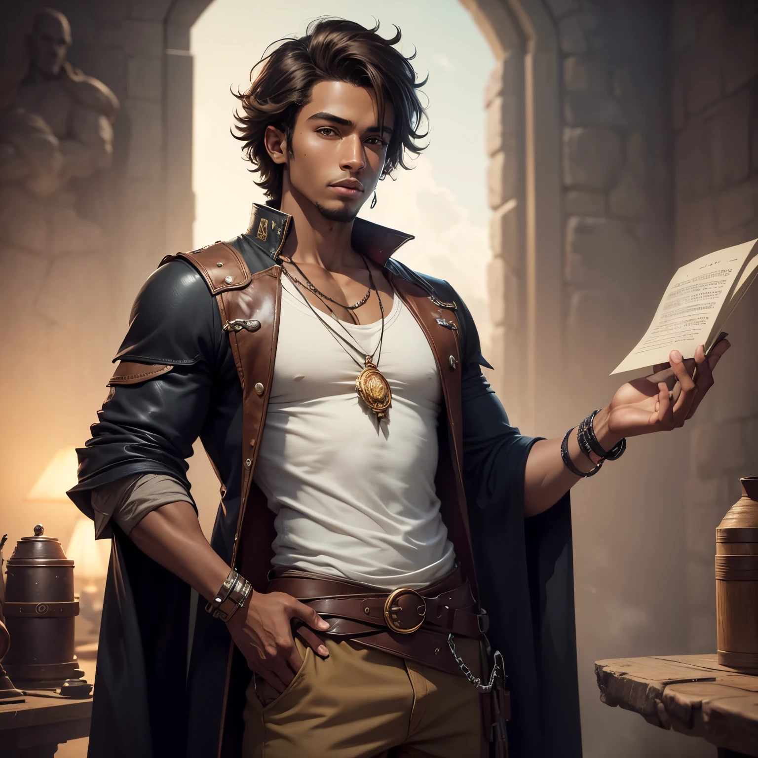 8k, masterpiece, best quality, realistic, higly detailed, 1human, male human, 24 years old human, male, solo, Charles Morrison, Brazilian features, dnd, d&d, dungeons and dragons, dungeons & dragons, rpg, ttrp, dark skin, vitiligo, short messy brown hair, caramel eyes, simple clothes, alchemist, simple clothes, simple clothes, simple clothes