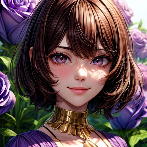 1girl, mature female, adult women, standing in a gigantic flower garden, oversized objects, gigantic flowers, oversized flowers, {{{dark brown hair}}}, {{{Golden eyes}}}, {{purple dress}} purple clothes, small smile, {best quality}, {highres masterpiece.}, 16k {{{medium close up}}}, {facing viewer}