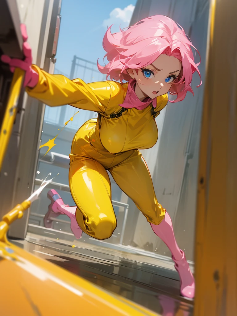 a mature woman , hero pose, big pink hair, shining blue eyes, wearing a mustard yellow jumpsuit. hero pose, big breasts35 years old, running away from an old squeegee, looking at the camera