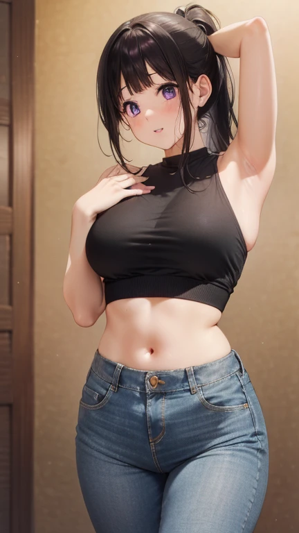 (A superb exquisite Chitanda Eru), purple eyes, long black hair, natural straight hair, straight bangs, solo, extremely delicate, straight facial features, peerless beautiful girl, soft, (sensual), (ecchi), (kawaii), delicate face, bright lips, slender waist, soft curves, super fine, 4k, Ultra high resolution, (masterpiece, best quality), (finely detailed beautiful eyes), (beautiful detailed face), outside, standing, ponytail, jeans, crop top, armpits