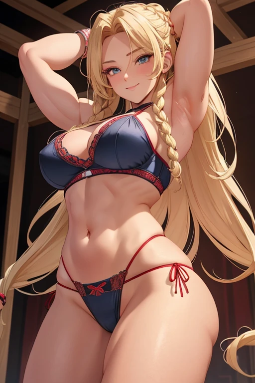 Beautiful blonde woman with braids and red eyes, Wearing sexy panties, She looks down on the viewer with a cute smile, Highly detailed and realistic, masterpiece quality, Very detailed, High resolution, Studio Lighting, Vibrant colors, Physically Based Rendering, Thick and muscular thighs, Beautiful muscular thighs, Very strong wrestler,((Raise your arms, Expose your armpits))