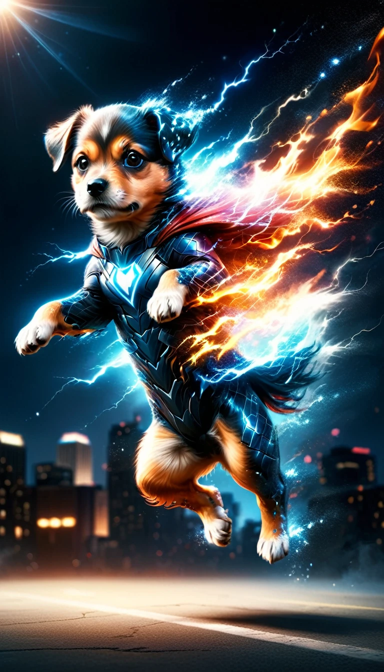 A flying puppy superhero, strange powers, powerful superhero suit, dynamic model pose, full body shot, lightnings, sparkles, fire,  digital art, 8k, hyperrealistic, high contrast, dramatic lighting, vibrant colors, cinematic composition, volumetric lighting, photorealistic, intricate details, chiaroscuro, moody atmosphere, cinematic angle, dramatic shadows, immersive background city from sky