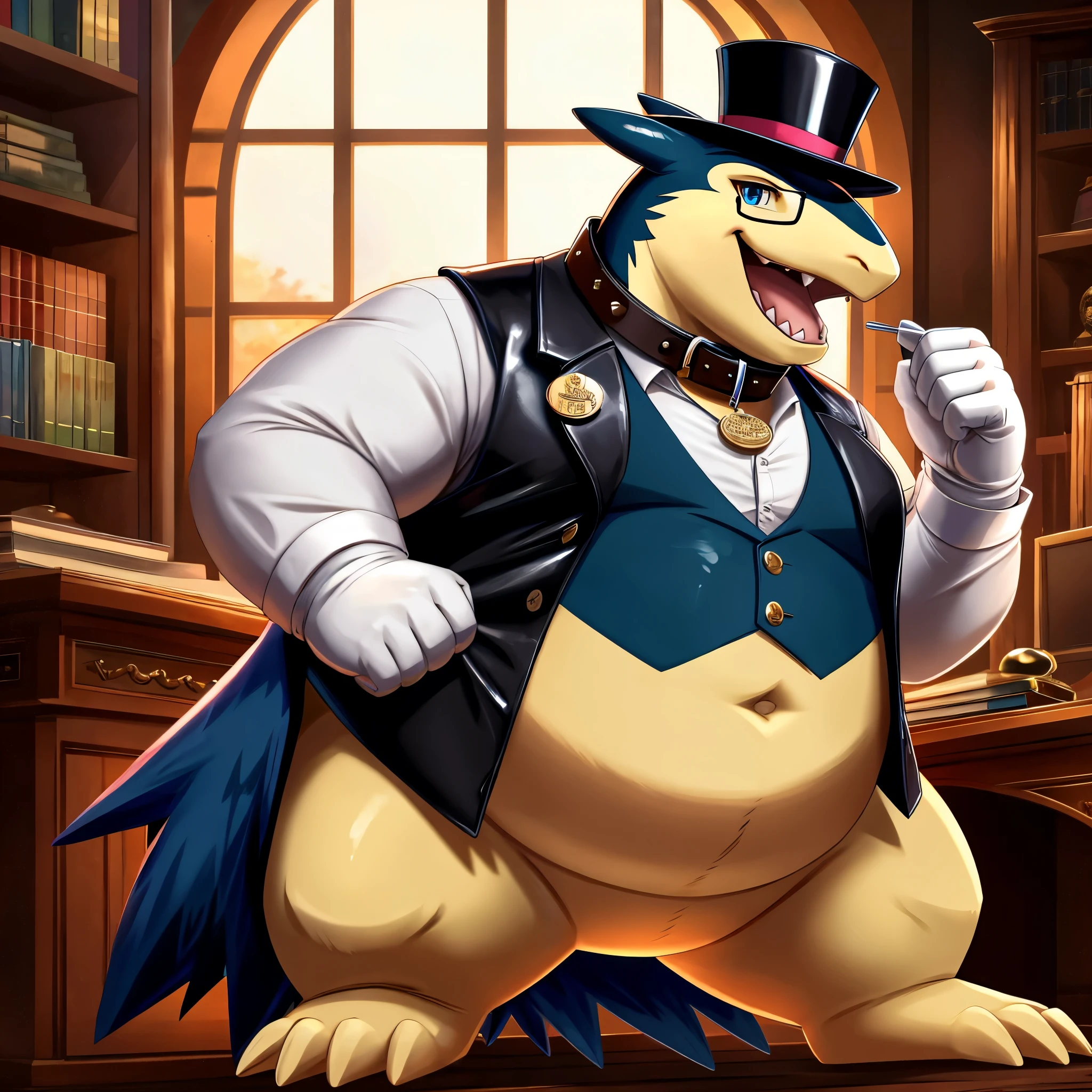Solo, Male, fat, extremely obese, gentleman, dapper Professor Typhlosion, steampunk, blue eyes, (posing:1.3), (soft shading), 4k, hi res, ((detailed face, detailed)), looking at viewer, mouth wide open, evil laugh, dapper clothing, collared shirt with buttons, top hat, male focus, Explorer Outfit, glasses, monocle, vest with buttons, sleeves rolled up, round eyewear, brown headwear, brown vest, office, Typhlosion is wearing a glossy leather dog collar around the neck, Typhlosion is wearing the leather collar and shirt and vest at the same time, Typhlosion is wearing glossy white rubber gloves on the hands, wearing white rubber gloves on the feet, gloves are rubber in texture, clenching fists, leather collar is glossy and shiny with a lot of detail, Typhlosion is wearing gloves and leather collar at the same time, leather collar has a round dog-tag, leather collar is thick and detailed, leather collar is glossy and shiny, fancy clothing, dapper vest, dapper shirt, leather collar is thick, glossy leather collar.