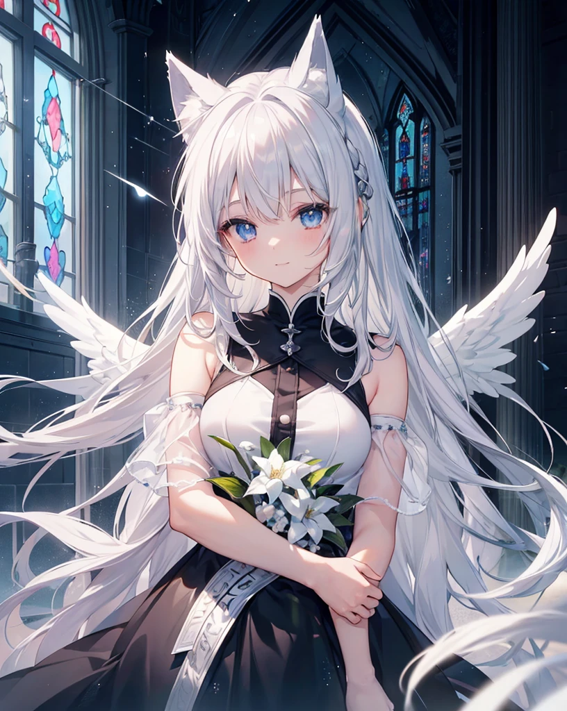 Very long hair、Silver Hair、Detailed sparkly eyes、Blue eyes、Three pairs of angel wings、Embarrassing、Nervous smile、shine、reflected light、Film Grain、masterpiece、Textured Skin、Super Detail、High Detail、high quality、最high quality、High Resolution、16K、shine、Monastic Clothes、Nuns、church、Stained glass. ((neko ears)), ((silver fox tail)), she's playing the piano while lots of white and black feather are falling from the sky. HDR, lots of light effects and lightflare. he is in a pose with his arms open ready to welcome us in a hug.