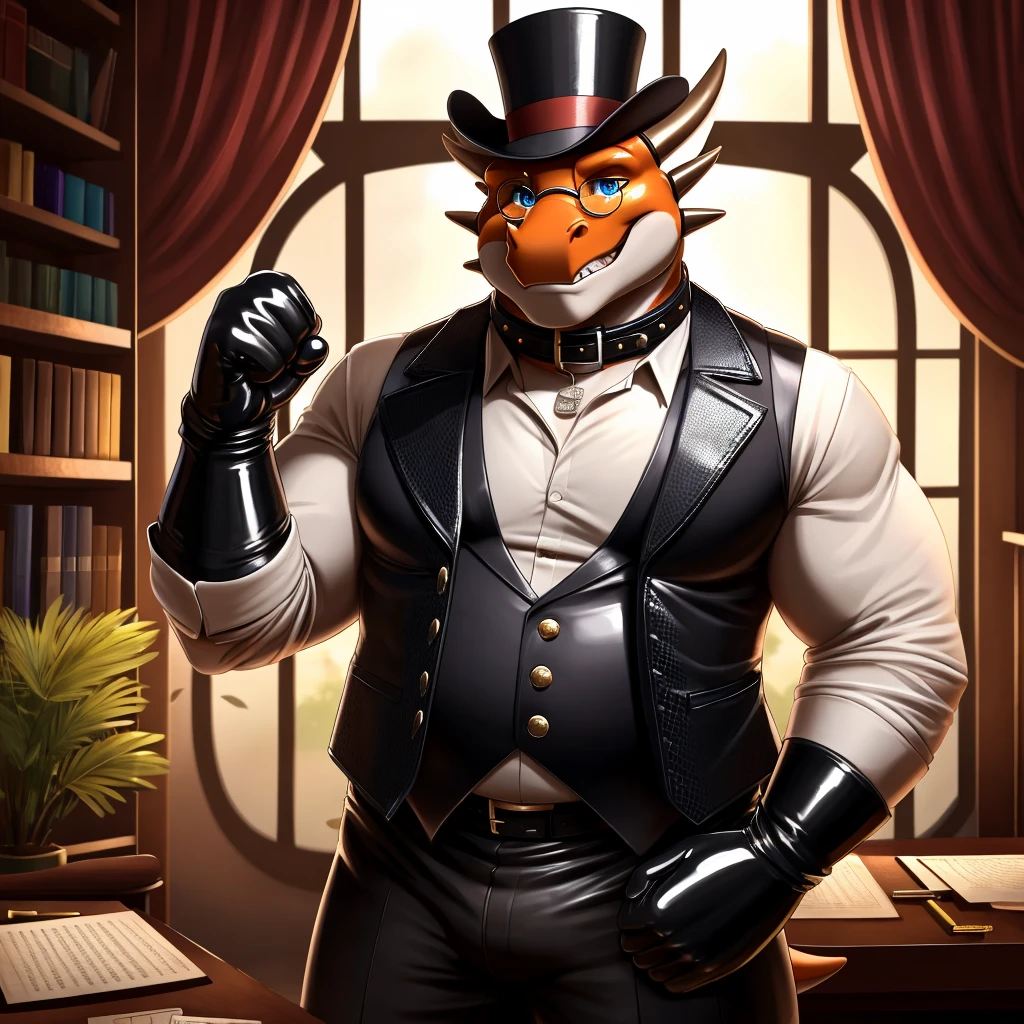 Solo, Male, fat, extremely obese, gentleman, dapper Professor Dragon, blue eyes, (posing:1.3), (soft shading), 4k, hi res, ((detailed face, detailed)), looking at viewer, mouth wide open, steampunk, dapper clothing, collared shirt with buttons, top hat, male focus, Explorer Outfit, glasses, monocle, vest with buttons, sleeves rolled up, round eyewear, brown headwear, brown vest, office, Dragon is wearing a glossy leather dog collar around the neck, Dragon is wearing the leather collar and shirt and vest at the same time, Dragon is wearing glossy white rubber gloves on the hands, wearing white rubber gloves on the feet, gloves are rubber in texture, clenching teeth, clenching fists, leather collar is glossy and shiny with a lot of detail, Dragon is wearing gloves and leather collar at the same time, leather collar has a round dog-tag, leather collar is thick and detailed, leather collar is glossy and shiny, fancy clothing, dapper vest, dapper shirt, leather collar is thick, glossy leather collar.