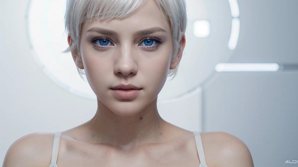 Young girl, white short hair, blue eyes, full lips, highly realistic, Excellent rendering, 4k realistic eyes, realistic face, symmetrical head ai cyberpunk white background