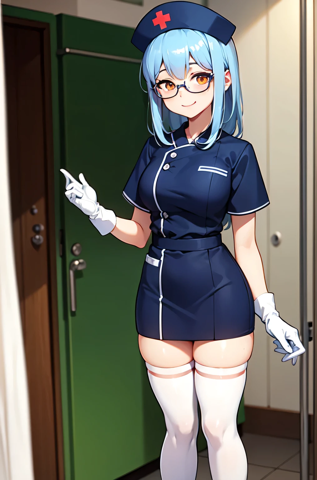 1girl, solo, nurse, nurse cap, white nurse uniform, ((white legwear, zettai ryouiki)), white gloves, glasses, blue hair, orange eyes, smile, standing, ((hospital room)), sharp outline, short sleeves, best quality, masterpiece
