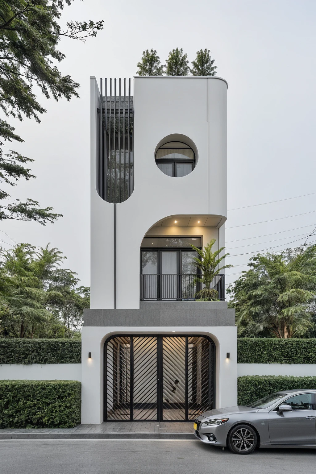 RAW photo, a photo of a modern house, (curvilinear chrchitecture:1.4), Wabisabi style rounded wall, white wall, steel dark gate, sidewalk, sidewalk trees, ((grey gate:1.2)), road, viet nam modern residence, ((architectural shot)), rough white wall, new residential area, wide angle exterior 2022, contemporary house, exterior photography, masterpiece, contemporary architecture, overcast, indirect lighting