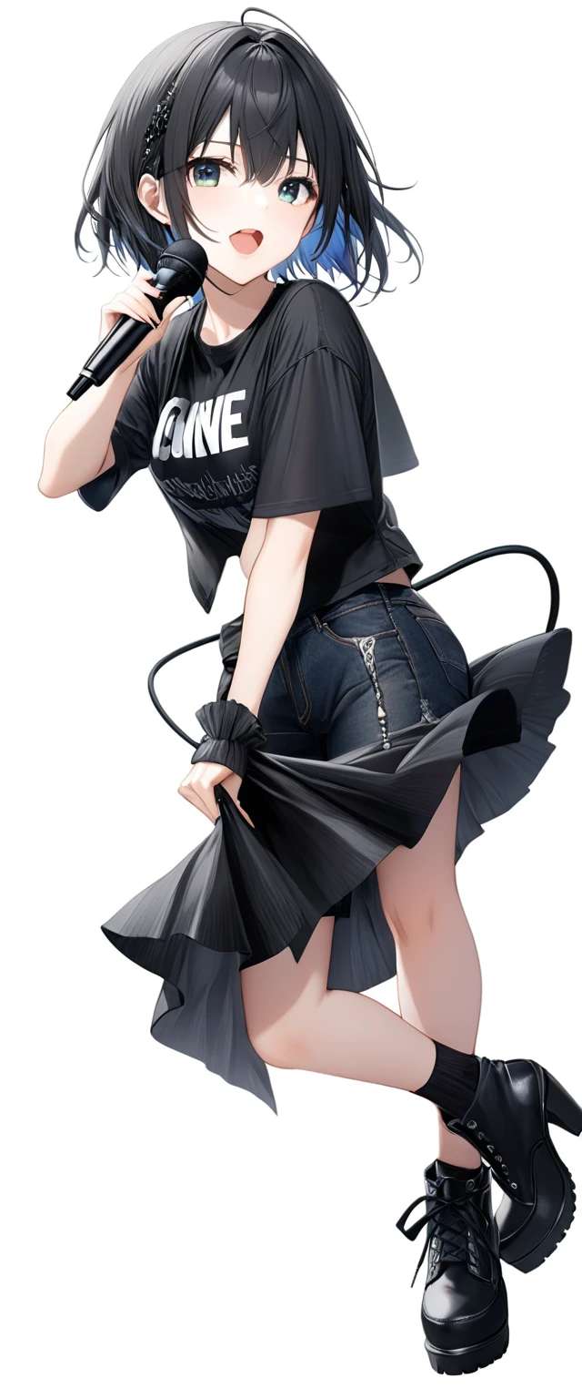 (((White background:1.5)))、(A Scandinavian gothic metal girl singing with a microphone in both hands and an open mouth),(The entire subject is captured),(((full body:1.2))),(very wide shot)、(masterpiece、Ultra HD、Highest quality、Masterpiece、４K:1.2)、Slender body、Intense gaze into the camera, Highly detailed eyes, Highly detailed fingers、Short black hair、T-shirt on top、Shorts underneath, Wearing high heels、Dynamic pose、singing coolly、