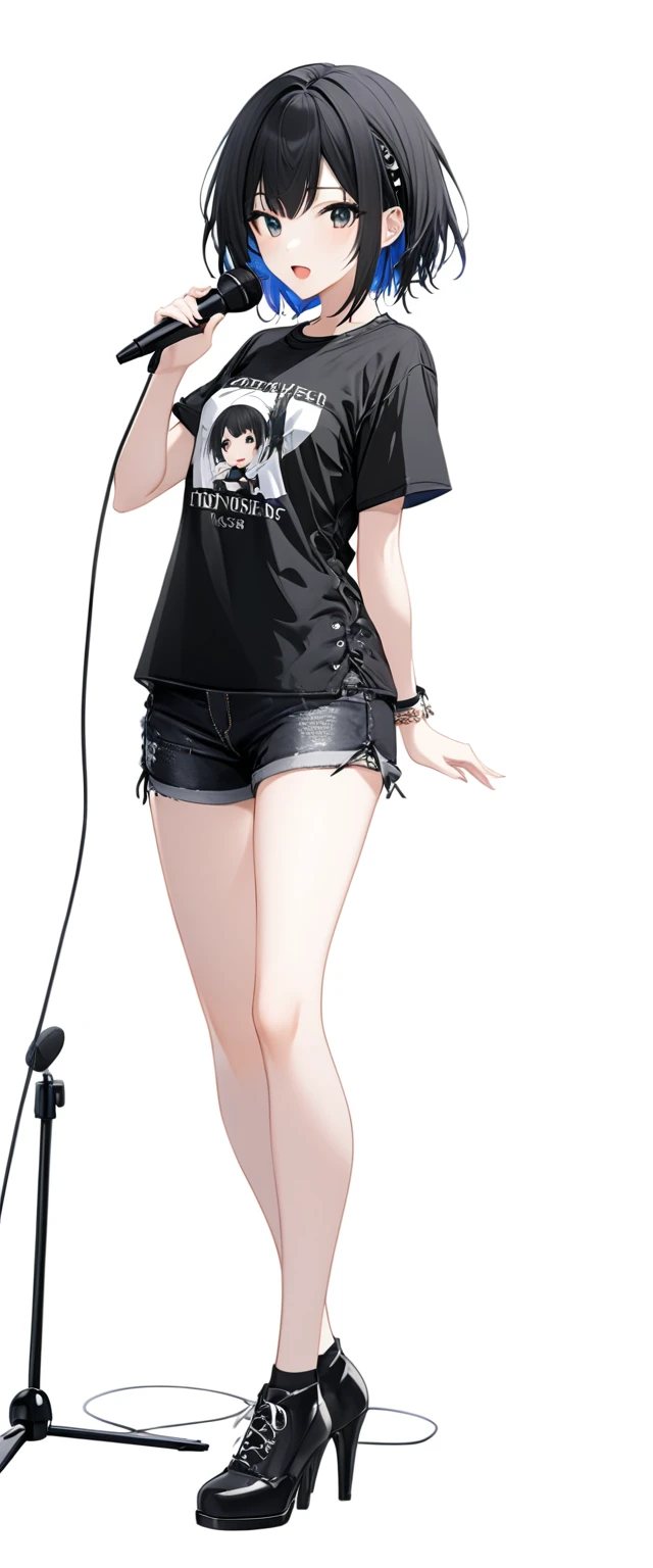 (((White background:1.5)))、(A Scandinavian gothic metal girl singing with a microphone in both hands and an open mouth),(The entire subject is captured),(((full body:1.2))),(very wide shot)、(masterpiece、Ultra HD、Highest quality、Masterpiece、４K:1.2)、Slender body、Intense gaze into the camera, Highly detailed eyes, Highly detailed fingers、Short black hair、T-shirt on top、Shorts underneath, Wearing high heels、Dynamic pose、singing coolly、