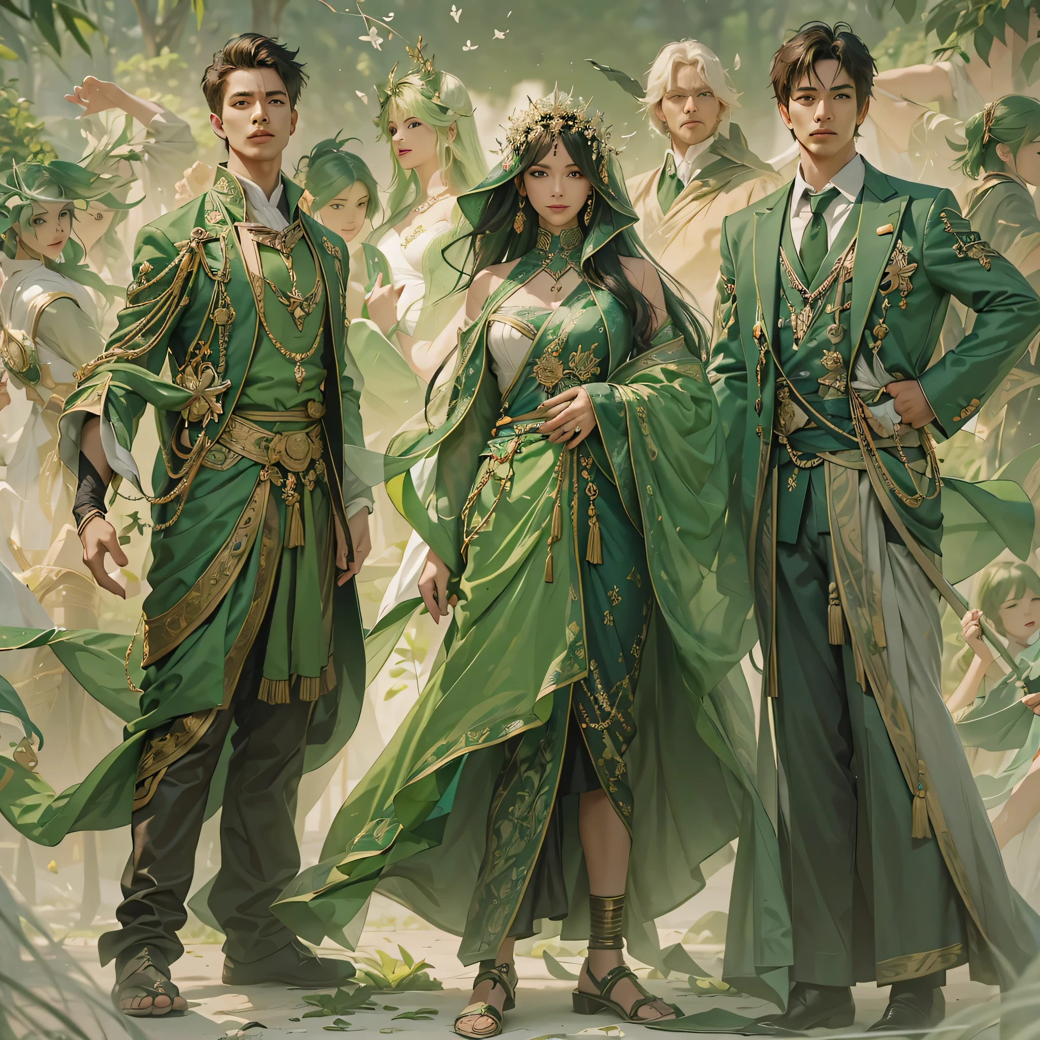 Create an image divided into four sections with a green theme: a lively Campaigner male, a serene Mediator female, a confident Protagonist male, and a wise Advocate male, each in distinctive poses against a unified backdrop with shades of green, incorporating delicate and mystical elements to enhance the overall visual appeal.