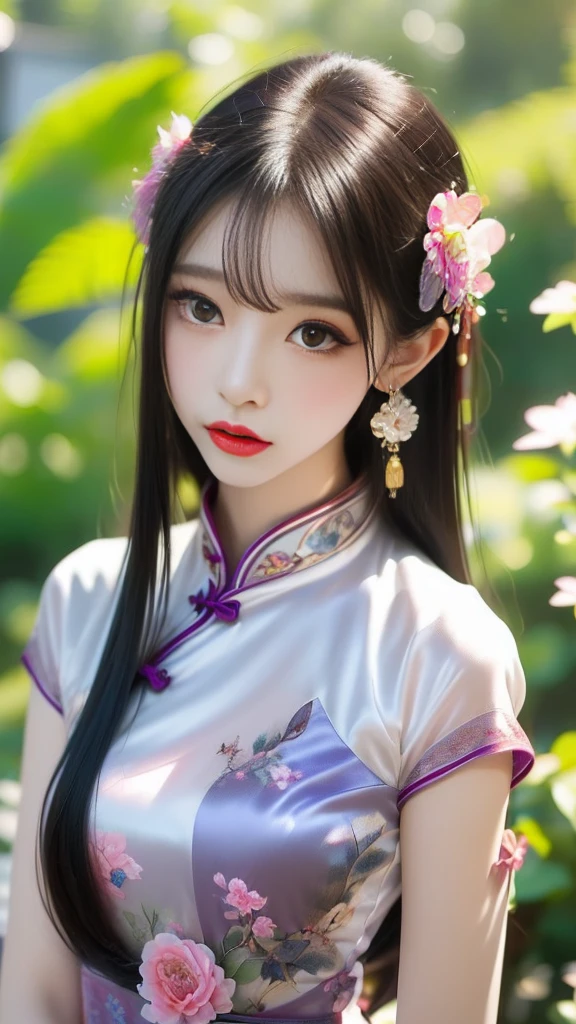 A beautiful girl in Hanfu costume, ((A see-through nightgown made of thin silk shirt in black and purple with various patterns)), White lace nightgown, ((Trendy hairstyles))Super Short Hair, jewelry, earrings , Necklaces and Necklaces, Slightly slanted eyes,Large, carefully drawn black eyes, Careful makeup, Thin eyebrows, High nose, Small beautiful red lips, No smiles, Pursing your lips, Pink Cheeks, Wide open chest, Large Breasts, proportional breasts , Narrow waist, The thighs are boldly visible through the slit, ((White underwear))Chinese Hanfu style with transparent skin, Imaginary Art Texture, Bright and realistic colors, RAW Photos, Realistic photos, Ultra-high-quality 8K surreal photos, (Effective fantasy lighting effects: 1.8), 10 x pixels, Magical Effects (background): 1.8), Very fine eye, Full body portrait of a girl, 中国の王室庭園のbackground , Dynamic posture,
(((Very elegant and beautiful, Perfect detail, Very detailed))),cameltoe