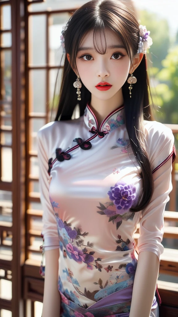 A beautiful girl in Hanfu costume, ((A see-through nightgown made of thin silk shirt in black and purple with various patterns)), White lace nightgown, ((Trendy hairstyles))Super Short Hair, jewelry, earrings , Necklaces and Necklaces, Slightly slanted eyes,Large, carefully drawn black eyes, Careful makeup, Thin eyebrows, High nose, Small beautiful red lips, No smiles, Pursing your lips, Pink Cheeks, Wide open chest, Large Breasts, proportional breasts , Narrow waist, The thighs are boldly visible through the slit, ((White underwear))Chinese Hanfu style with transparent skin, Imaginary Art Texture, Bright and realistic colors, RAW Photos, Realistic photos, Ultra-high-quality 8K surreal photos, (Effective fantasy lighting effects: 1.8), 10 x pixels, Magical Effects (background): 1.8), Very fine eye, Full body portrait of a girl, 中国の王室庭園のbackground , Dynamic posture,
(((Very elegant and beautiful, Perfect detail, Very detailed))),cameltoe