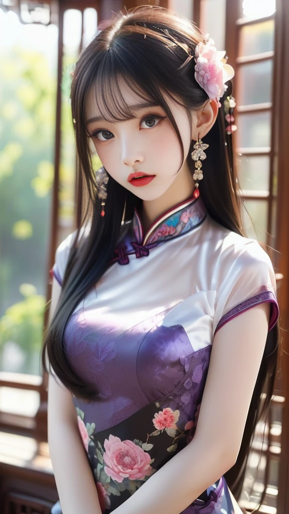 A beautiful girl in Hanfu costume, ((A see-through nightgown made of thin silk shirt in black and purple with various patterns)), White lace nightgown, ((Trendy hairstyles))Super Short Hair, jewelry, earrings , Necklaces and Necklaces, Slightly slanted eyes,Large, carefully drawn black eyes, Careful makeup, Thin eyebrows, High nose, Small beautiful red lips, No smiles, Pursing your lips, Pink Cheeks, Wide open chest, Large Breasts, proportional breasts , Narrow waist, The thighs are boldly visible through the slit, ((White underwear))Chinese Hanfu style with transparent skin, Imaginary Art Texture, Bright and realistic colors, RAW Photos, Realistic photos, Ultra-high-quality 8K surreal photos, (Effective fantasy lighting effects: 1.8), 10 x pixels, Magical Effects (background): 1.8), Very fine eye, Full body portrait of a girl, 中国の王室庭園のbackground , Dynamic posture,
(((Very elegant and beautiful, Perfect detail, Very detailed))),cameltoe