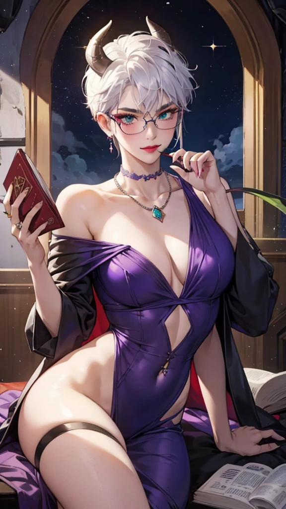 8k, masterpiece, best quality, highly detailed, 1 girl, tiefling, warlock, multicolored hair, very short straight hair green highlight hair on white hair, strippled hair, wearing glasses, round glasses, earrings, navel piercing, night gown, red eyeshadow, long eyelashes, blushed cheek, red lips, necklace, rings, collarbone, mole, glamorous, teal clothing, purple clothes, smirk, close up view, rings, looking at viewer, demon horns, solo, nightmarish landscape, blue pale moon, sitting, holding devil books