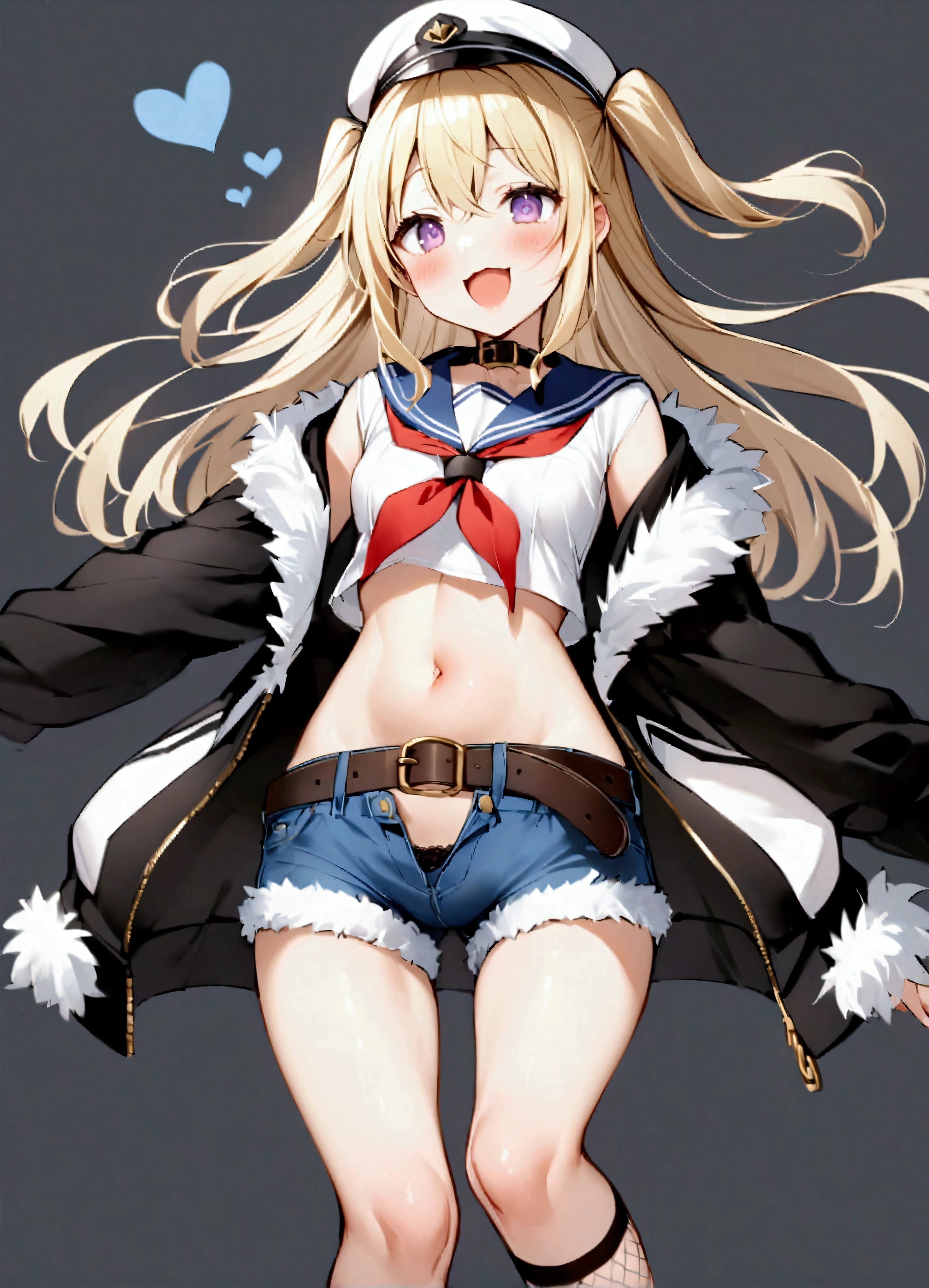 One girl、Jacket、solo、Purple Eyes、Shorts、Blonde Hair、マイクロShorts、黄色のJacket、belly button、heart、Fishnet tightsのKnee socks、Long Hair、Fishnet tights、Open Mouth、Knee socks、hat、tooth、Two Side Up、Fur trim、Open Fly、belt、:3、言葉のheart、smile、abdomen、Fur trimのJacket、denim、blush、黄色のneckerchief、Open shorts、Off the shoulder、denimShorts、:d、Sailor collar、黒のshirt、neckerchief、shirt、cut off、Shoulder Bare、Crop top、黒のShorts、シングルKnee socks、黒のSailor collar、Open clothes、黒のhat、Small breasts、Shorts、Sailor Hat、Buttocks visible from thighs、開いたJacket、collar