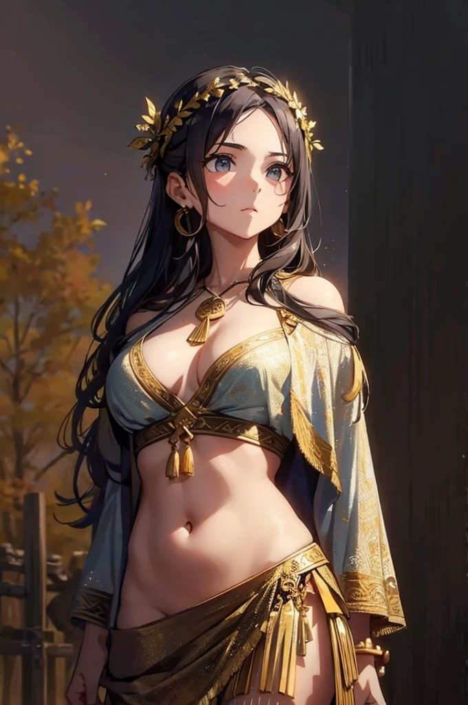 young greek warriors girls in togas , only girls , forest in the background , sandals ,