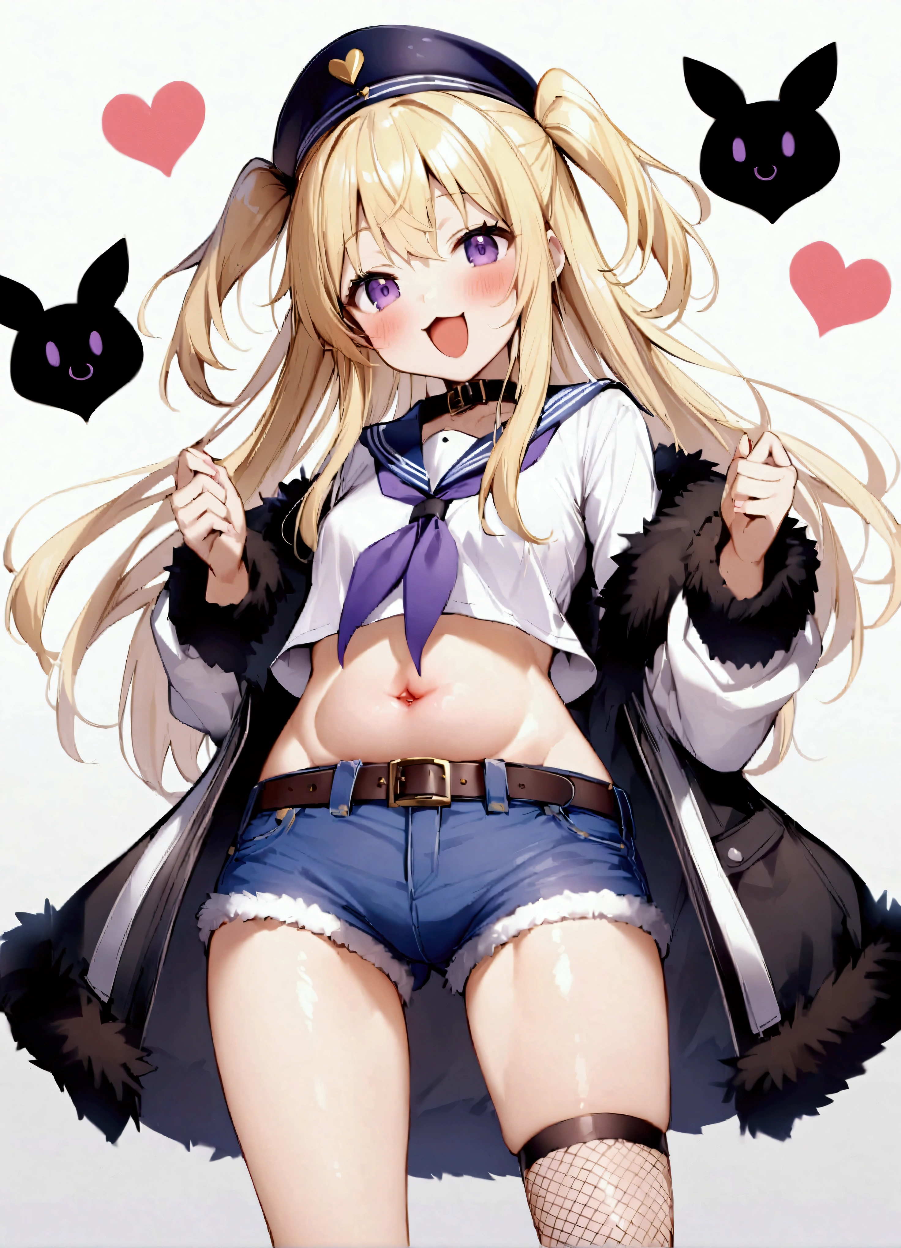 One girl、Jacket、solo、Purple Eyes、Shorts、Blonde Hair、マイクロShorts、黄色のJacket、belly button、heart、Fishnet tightsのKnee socks、Long Hair、Fishnet tights、Open Mouth、Knee socks、hat、tooth、Two Side Up、Fur trim、Open Fly、belt、:3、言葉のheart、smile、abdomen、Fur trimのJacket、denim、blush、黄色のneckerchief、Open shorts、Off the shoulder、denimShorts、:d、Sailor collar、黒のshirt、neckerchief、shirt、cut off、Shoulder Bare、Crop top、黒のShorts、シングルKnee socks、黒のSailor collar、Open clothes、黒のhat、Small breasts、Shorts、Sailor Hat、Buttocks visible from thighs、開いたJacket、collar