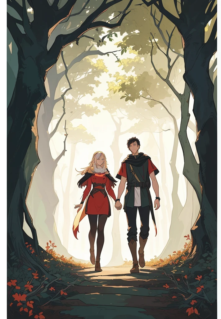 A man and a woman walking through the forest holding hands, Adam and Eve, have animal skins as cloaks , The Fall of Man, surrounded by thorns, artistic concept for a book cover