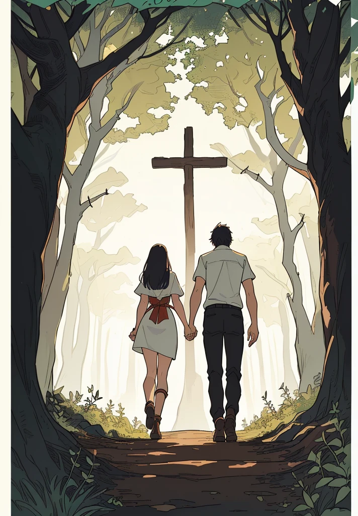 A man and a woman walking through the forest holding hands, Adam and Eve, have animal skins as cloaks , The Fall of Man, surrounded by thorns, artistic concept for a book cover