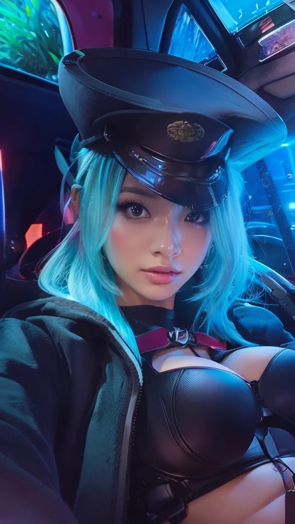 (best quality,4k,8k,highres,masterpiece:1.2),ultra-detailed,(realistic,photorealistic,photo-realistic:1.37),portrait,close-up,a cute young girl in a blue uniform with a hat on,(extremely detailed eyes and face,beautiful detailed eyes,beautiful detailed lips,long eyelashes),blue eyes,smiling,blue hair,vivid colors,studio lighting, happy