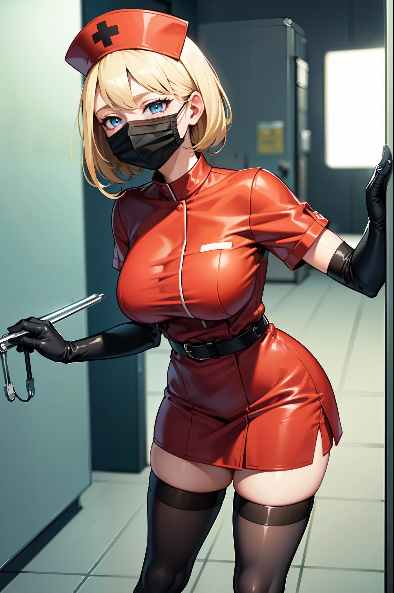 black nurse, 1woman, solo, black nurse cap, black nurse uniform, ((black legwear, zettai ryouiki)), black elbow gloves, blonde hair, blue eyes, ((black surgical mask, covered nose)), standing, ((surgery room)), sharp outline, short sleeves, mature female, 35 years old, best quality, masterpiece