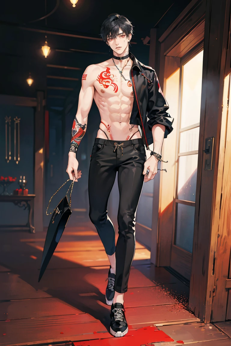 (masterpiece), best quality, seductive eyes, perfect face, handsome man, red eyes, short messy black hair, long nose, body tattoos, big body, topless, long black pants, black sneakers, full body, extremely tall man, long legs, long calves, anime cover, 1boy, ear piercings, adult-like look, standing, bad boy