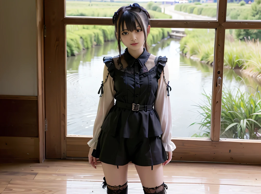 (Realistic, photo Realistic:1.37), Unbelievably absurd, (Very detailed:1.3), 8k, (masterpiece), (Highest quality:1.4), (Ultra-high resolution:1.2), (RAW Photos:1.2), (unity 8k wallpaper), very cute, (bishojo:1.35), (15 years:1.4), ((Alice and the Pirates Fashion)), Beautiful dress with intricate details, ((blue-rose hair accessory)), ((Lace-up boots)),Garter Stockings,Delicate and beautiful face, eye, skin, Thick and shiny black hair, Smiling at the camera, Petit Trianon Garden and Farm House, View of the village and lake, Very detailed background, Professional Lighting、Waist、Full Body Shot、