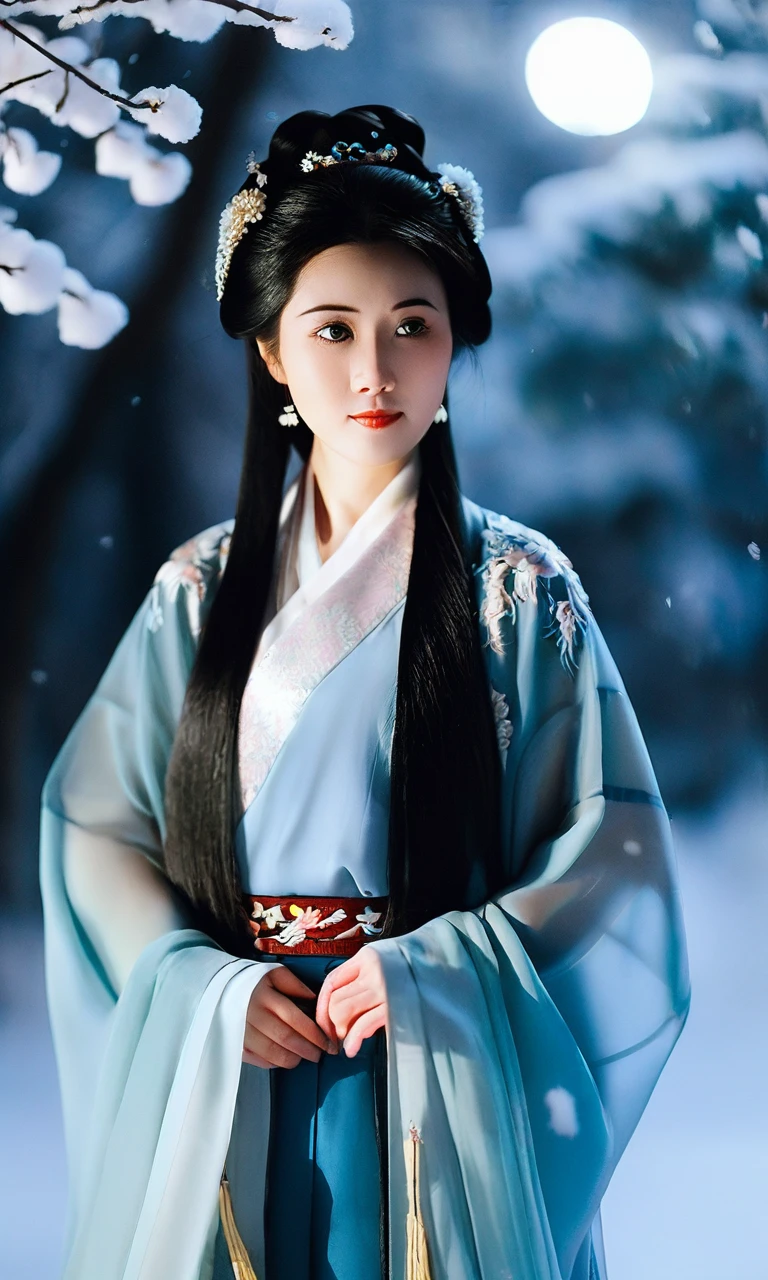 cinematic photo cinematic photo xsfantasy,oriental fantasy,asian,chinese,a 18 years old cute Chinese girl with thin face wearing hanfu,In the enchanting style of 90s Cinematic photography,capture the beauty of a Chinese girl::4 gracefully adorned in a Hanfu attire amidst a winter wonderland. Against a backdrop of a snow-covered landscape,she stands as if emerging from a dream,her flowing blue gown glistening like transparent ice. The soft moonlight illuminates the scene,while a gentle haze of smoke envelopes the air,creating an ethereal and mystical atmosphere. The composition::1 emphasizes the delicate intricacies of her Hanfu and the contrast with the snowy surroundings. The cool blue tones of her dress harmonize with the moonlit ambiance and the soft veil of smoke,resulting in a captivating and otherworldly image. Panaflex Platinum,35mm focal length,f/2.5 aperture,ISO 400,shutter speed 1/100.  . 35mm photograph,film,bokeh,professional,4k,highly detailed, . 35mm photograph, film, bokeh, professional, 4k, highly detailed