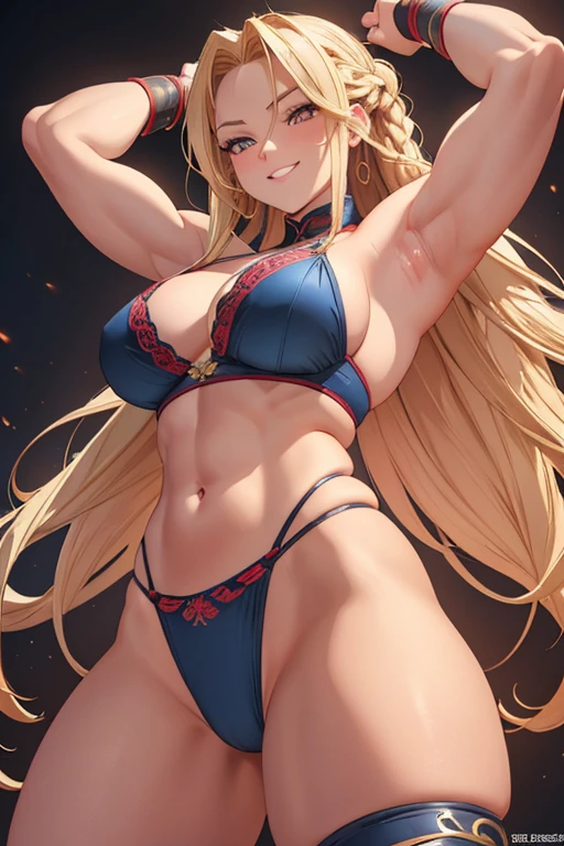 Beautiful blonde woman with braids and red eyes, Wearing sexy panties, She looks down on the viewer with a cute smile, Highly detailed and realistic, masterpiece quality, Very detailed, High resolution, Studio Lighting, Vibrant colors, Physically Based Rendering, Thick and muscular thighs, Beautiful muscular thighs, Very strong wrestler,((Raise your arms, Expose your armpits))