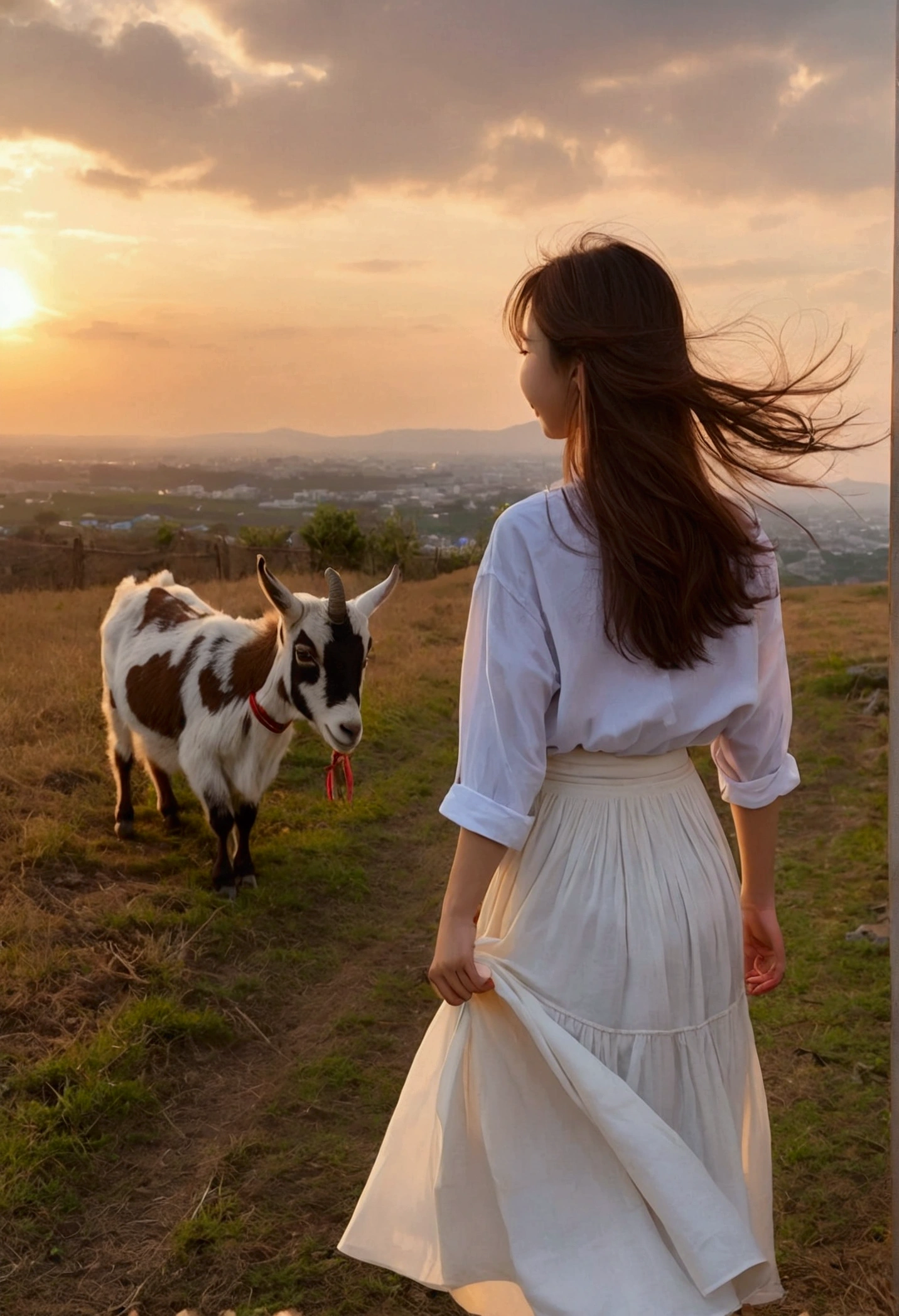 One Girl,, Wind, Dirty Hair, sunset, Plains、horizon,Beautiful Clouds、 (Aesthetics and atmosphere:1.2),、Ultra HD、Japanese、Women around 20 years old、Brown Hair、smile、Look back and smile、Back view、Climbing on a goat's back、Journey、((((山羊のBack view)))、、Long Skirt、Fluttering skirt、Look here、Our eyes meet、Hold the reins、広大なWind景