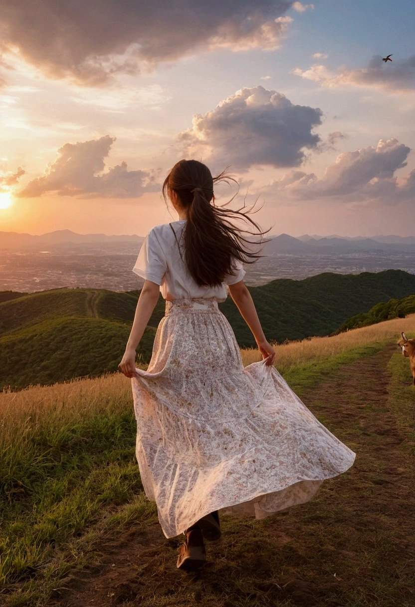 One Girl,, Wind, Dirty Hair, sunset, Plains、horizon,Beautiful Clouds、 (Aesthetics and atmosphere:1.2),、Ultra HD、Japanese、Women around 20 years old、Brown Hair、smile、Look back and smile、Back view、Climbing on a goat's back、Journey、((((山羊のBack view)))、、Long Skirt、Fluttering skirt、Look here、Our eyes meet、Hold the reins、広大なWind景