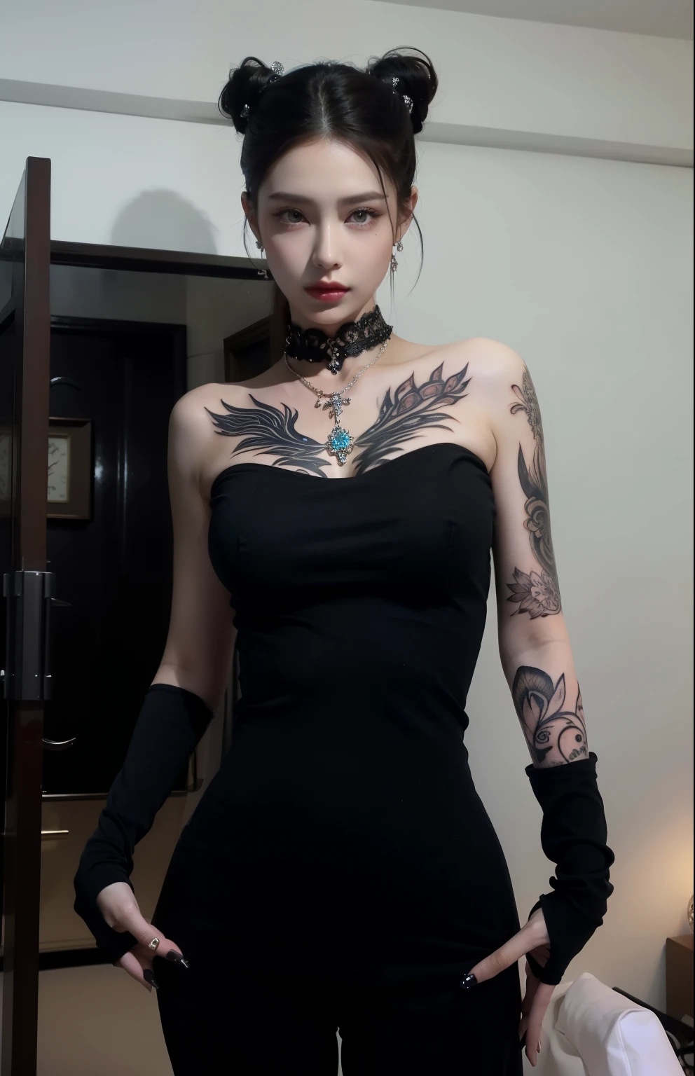 royal sisters,exquisite eyes,Ice Queen,put a crown on your head,detailed facial expression body,tall figure,very cool,Leg length,4K,HD,sensual,translucent lace,白皙chubby figure,pretty face,Small cherry blossom mouth,beautiful and delicious(3D Royal Sister),chubby figure,gloss gel coat,Queen in a luxurious dress,crystal jewel crown,necklace jewelry,black tattoo(whole body),The tattoo is very three-dimensional.,very cool and intricate tattoo designs,tattoo queen,place your hands on your legs.,neat fingers,spread one's fingers
