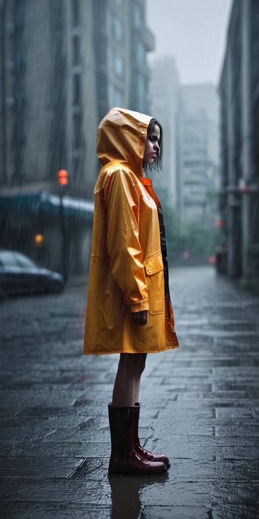 PacificNorthwest, gotham city, misty, depth of field, haze, halation, Photorealistic, Hyperrealistic, Hyperdetailed, gloom, rain, girl in raincoat standing in middle,