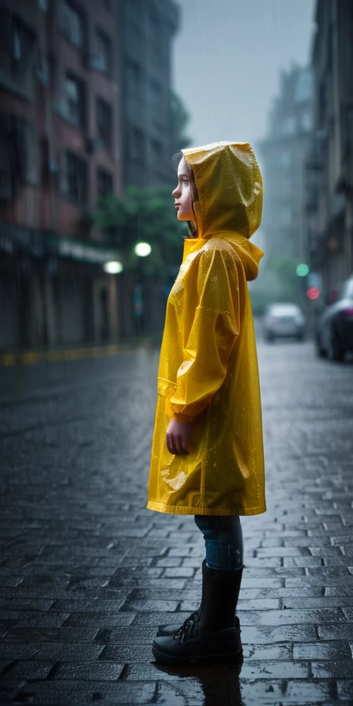 PacificNorthwest, gotham city, misty, depth of field, haze, halation, Photorealistic, Hyperrealistic, Hyperdetailed, gloom, rain, girl in raincoat standing in middle,