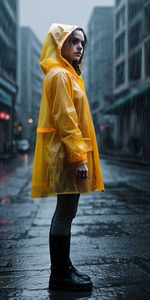 PacificNorthwest, gotham city, misty, depth of field, haze, halation, Photorealistic, Hyperrealistic, Hyperdetailed, gloom, rain, girl in raincoat standing in middle,