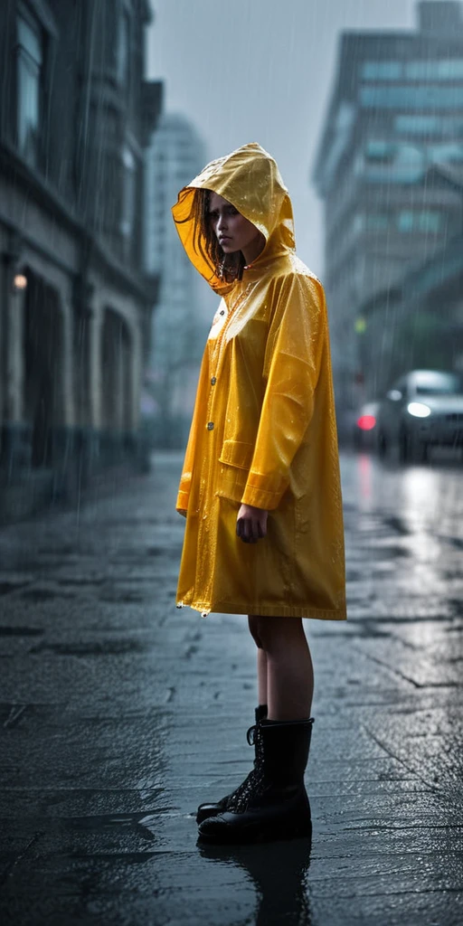 PacificNorthwest, gotham city, misty, depth of field, haze, halation, Photorealistic, Hyperrealistic, Hyperdetailed, gloom, rain, girl in raincoat standing in middle,