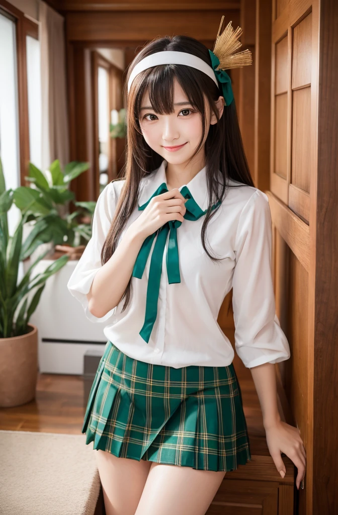Highest quality, masterpiece, High resolution, alone, (Hiei Kaisan_Fleet Collection), ((オレンジ色hair)), hairband, headgear, Non-traditional_Shrine maiden, smile, green_eye, Inverted up_hair, smile, One Girl, dependent_sleeve, green_skirt, Plaid, Plaid_skirt, ribbon-trimmed_sleeve, ribbon_trim, skirt, (indoor, office, living room), ,((uncensored no correction))