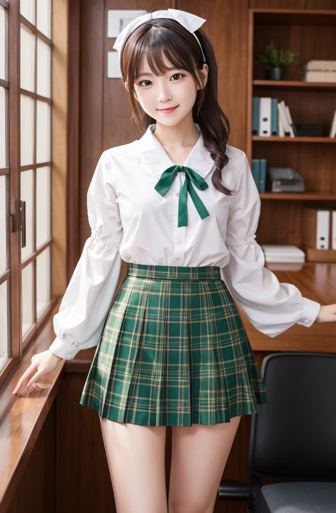 Highest quality, masterpiece, High resolution, alone, (Hiei Kaisan_Fleet Collection), ((オレンジ色hair)), hairband, headgear, Non-traditional_Shrine maiden, smile, green_eye, Inverted up_hair, smile, One Girl, dependent_sleeve, green_skirt, Plaid, Plaid_skirt, ribbon-trimmed_sleeve, ribbon_trim, skirt, (indoor, office, living room), ,((uncensored no correction))