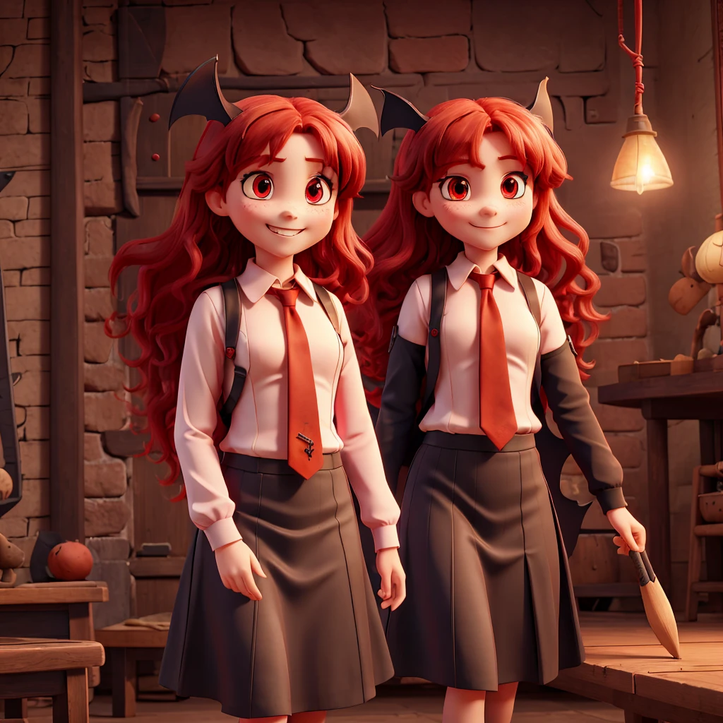 1girls, Koakuma, red hair, long hair, ear bats, red eyes, bats, smile, bat wings, breasts, red necktie,pencil skirt, 