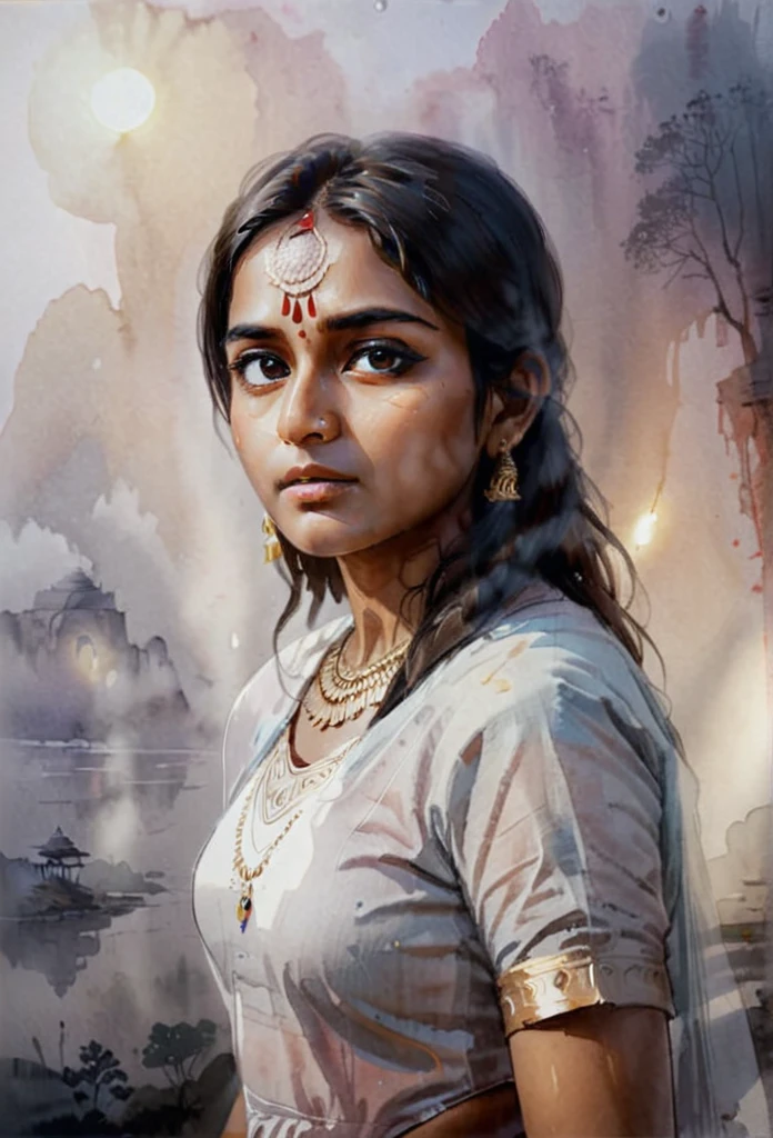 High Quality illustration,ultra detailed, Beautiful picture of A painting of a girl indian beauty, Fog, cinematic shot, haze lighting, 16k, uhd, blurry masterpiece,cinematic, epic,  watercolor, ink