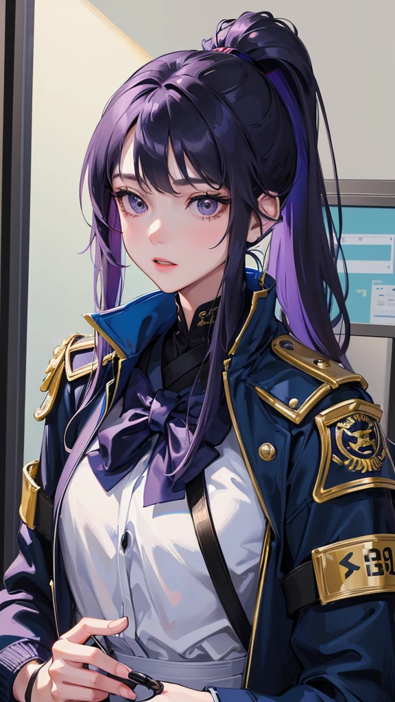(Top resolution、Distinct_image)top-quality、(A girl) 、masterpiece、highly detailed, half body, Semi-realistic、 light purple eyes 、18year old, dark blue hair ,young 、Exquisite facial features、Facial features ,variation potrait, long ponytail hairstyles, , teenage, cool , cold sharp eyes, , {Very detailed 8k CG unit wallpaper}, students, whit oversized shirt , black tie, music classroom, (blue jacket on top)