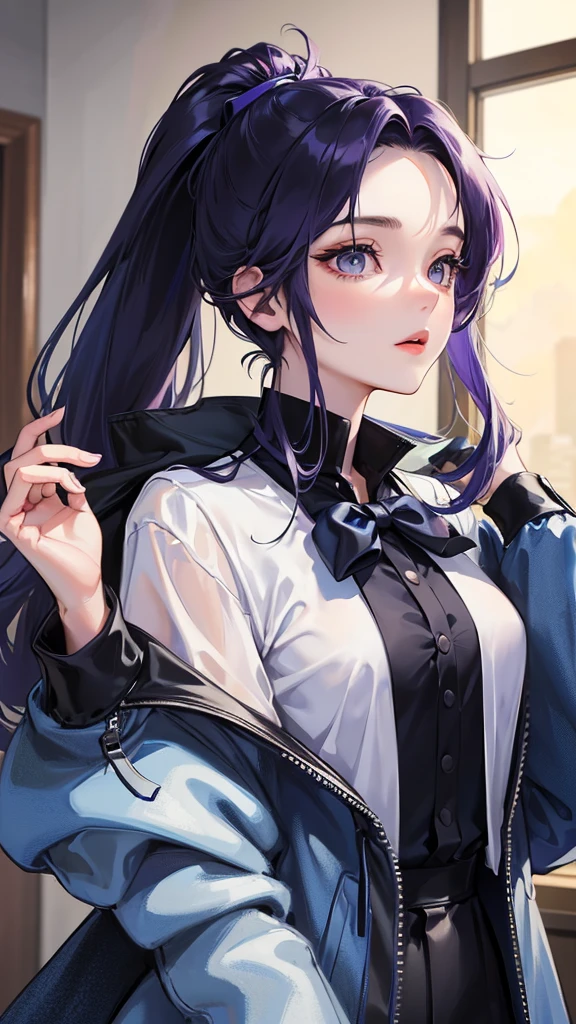 (Top resolution、Distinct_image)top-quality、(A girl) 、masterpiece、highly detailed, half body, Semi-realistic、 light purple eyes 、18year old, dark blue hair ,young 、Exquisite facial features、Facial features ,variation potrait, long ponytail hairstyles, , teenage, cool , cold sharp eyes, , {Very detailed 8k CG unit wallpaper}, students, whit oversized shirt , black tie, music classroom, (blue jacket on top)