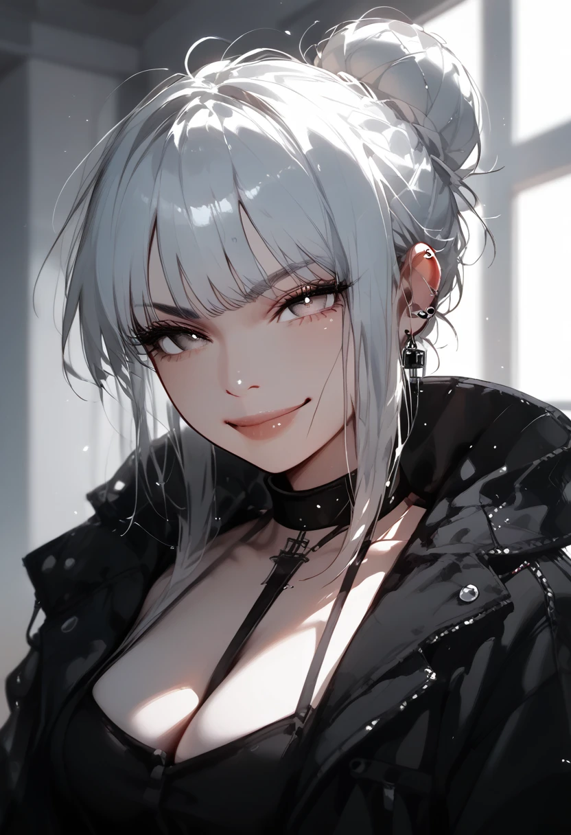 check_9, check_8_up, check_7_up, goth girl, 1 girl, monochrome, hood up, black trousers, spot color, White hair, shirt, industrial background, industrial pipe, brutalism, Brutalist architecture, Big breasts, I look at the viewer, (Messy hair in a bun), Smirk, high-collared dress, Cinematic composition, dramatic light, Backlight, depth of field