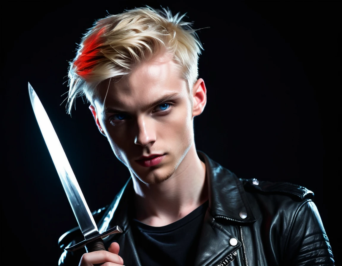 Hyper realistic, dark vibes, solo, young man, 22 years, pale skin, model (skinny:1.2), blue eyes, (short textured blond hair:1.2), tussled side swept fringe, black leather jacket, holding sharp knife, dark lighting, background night BDSM club, foreboding, sexy, attractive, demon, incubus, evil, dark, sadistic expression (smirk:1.1), (red neon sign din background "CONTEXT":1.2)