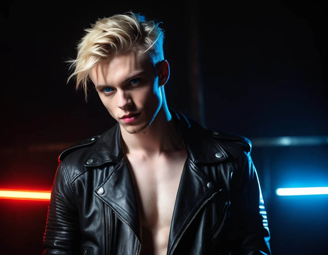 Hyper realistic, dark vibes, solo, young man, 22 years, pale skin, model (skinny:1.2), blue eyes, (short textured blond hair:1.2), tussled side swept fringe, black leather jacket, holding sharp knife, dark lighting, background night BDSM club, foreboding, sexy, attractive, demon, incubus, evil, dark, sadistic expression (smirk:1.1), (red neon sign din background "CONTEXT":1.2)