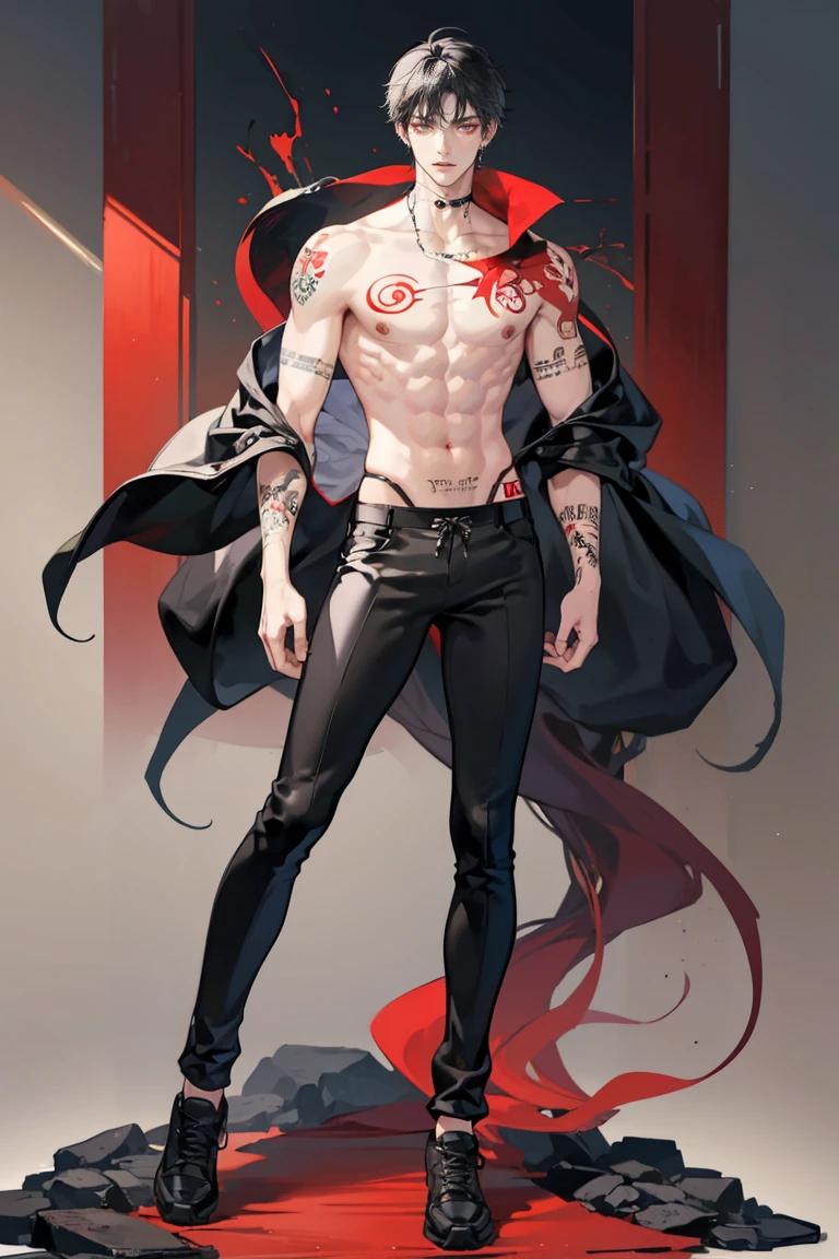 (masterpiece), best quality, seductive eyes, perfect face, handsome man, red eyes, short messy black hair, long nose, body tattoos, topless, long black pants, black sneakers, full body, extremely tall man, long legs, long calves, anime cover, 1boy, ear piercings, adult-like look, standing, bad boy
