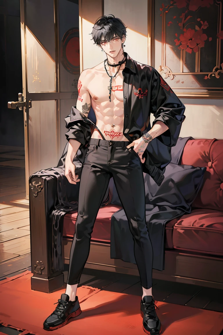 (masterpiece), best quality, seductive eyes, perfect face, handsome man, red eyes, short messy black hair, long nose, body tattoos, topless, long black pants, black sneakers, full body, extremely tall man, long legs, long calves, anime cover, 1boy, ear piercings, adult-like look, standing, bad boy
