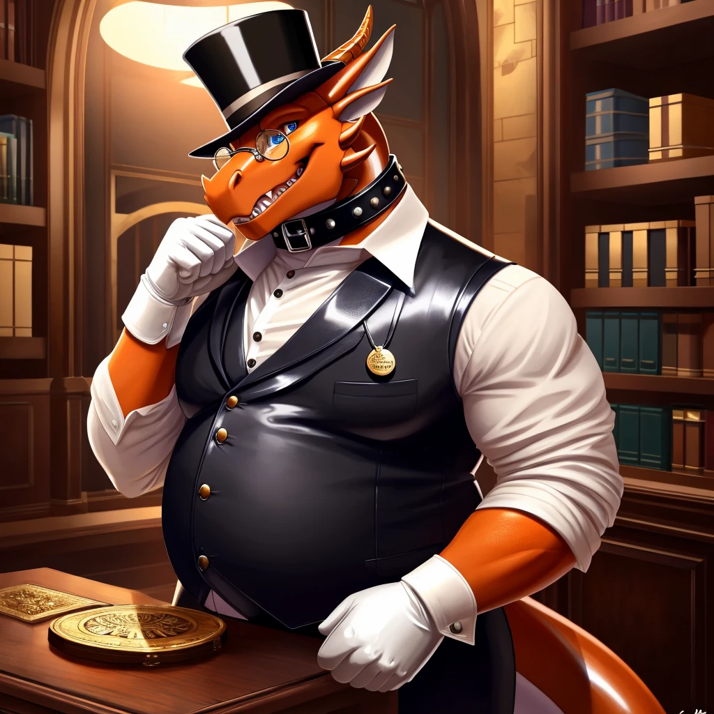 Solo, Male, fat, extremely obese, gentleman, dapper Professor Dragon, blue eyes, (posing:1.3), (soft shading), 4k, hi res, ((detailed face, detailed)), looking at viewer, mouth wide open, steampunk, dapper clothing, collared shirt with buttons, top hat, male focus, Explorer Outfit, glasses, monocle, vest with buttons, sleeves rolled up, round eyewear, brown headwear, brown vest, office, Dragon is wearing a glossy leather dog collar around the neck, Dragon is wearing the leather collar and shirt and vest at the same time, Dragon is wearing glossy white rubber gloves on the hands, wearing white rubber gloves on the feet, gloves are rubber in texture, clenching teeth, clenching fists, leather collar is glossy and shiny with a lot of detail, Dragon is wearing gloves and leather collar at the same time, leather collar has a round dog-tag, leather collar is thick and detailed, leather collar is glossy and shiny, fancy clothing, dapper vest, dapper shirt, leather collar is thick, glossy leather collar.